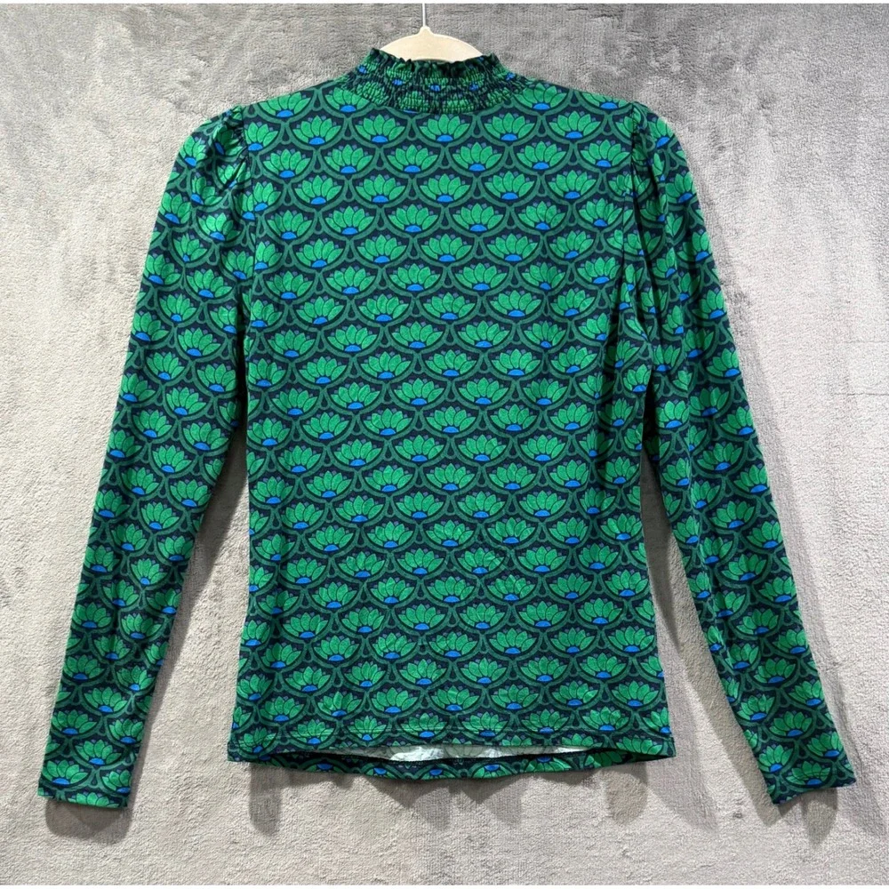 Boden Green Blue Lotus Floral Smocked High Neck Long Sleeve Top US 4